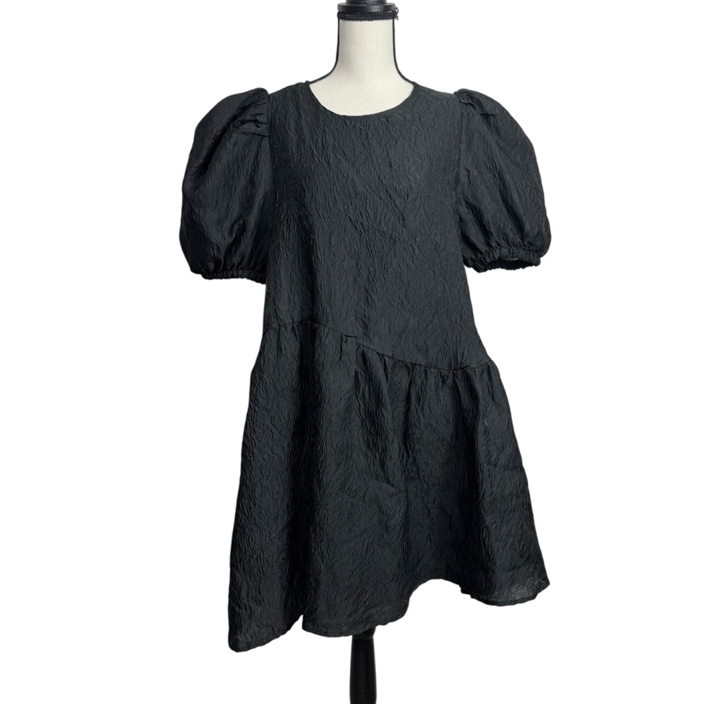 Aaron & Amber‎ Elegant Black Embossed Puff Sleeve Dress Large LBD